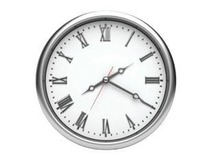 Silver-rimmed clock showing 1008 with Roman numerals, isolated on black