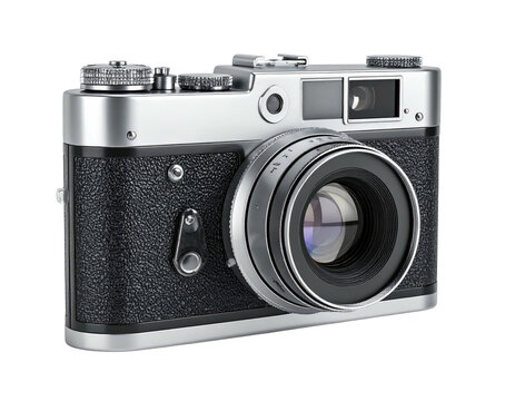 A classic silver and black film camera with a prominent lens angled slightly