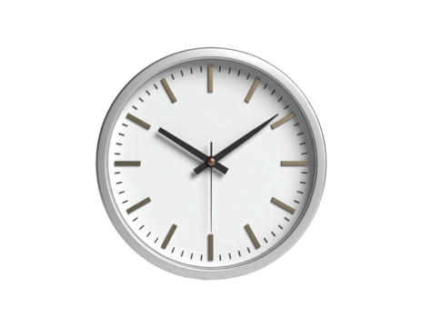 Clean modern clock with white face, light metal frame, and black hands