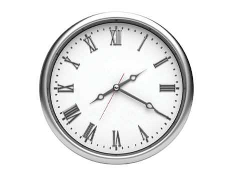 Silver-rimmed clock showing 1008 with Roman numerals, isolated on black