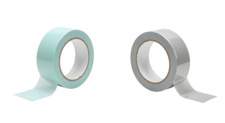 Two rolls of adhesive tape in blue and grey isolated on white background, perfect for office or home use