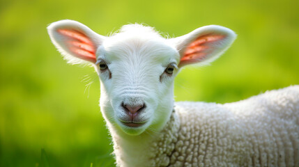 Obraz premium Face of a white lamb looking at you with bright green background