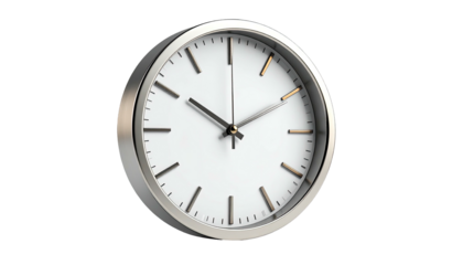 Shiny, silver-framed clock with white face; hands pointing at a little after 2