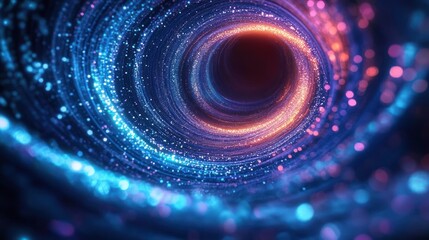 Vibrant glowing tunnel with swirling particles in blue and orange colors creating a dynamic luminous vortex effect