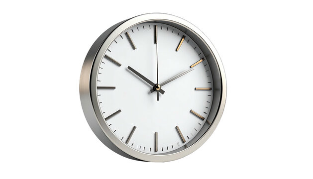 Shiny, silver-framed clock with white face; hands pointing at a little after 2
