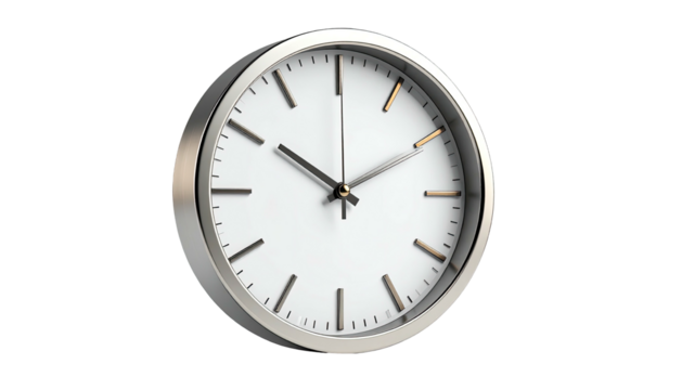Shiny, silver-framed clock with white face; hands pointing at a little after 2