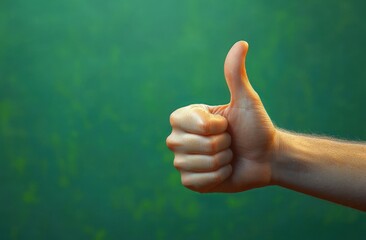 Close-up of a human hand showing a thumbs-up gesture against a blurred green background representing approval or positivity