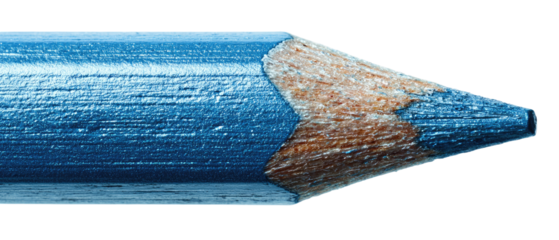 Close-up of a blue colored pencil's tip, showing the wood and colored lead