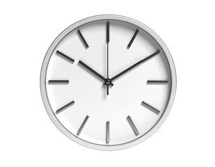 A round white wall clock with black hands against a black background