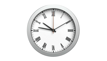 Silver-rimmed clock with Roman numerals on white face, hands indicating time