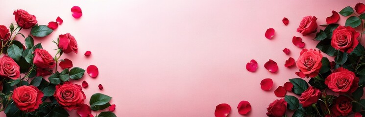 A vibrant arrangement of fresh red roses with green leaves and scattered petals on a soft pink background evoking feelings of romance and elegance