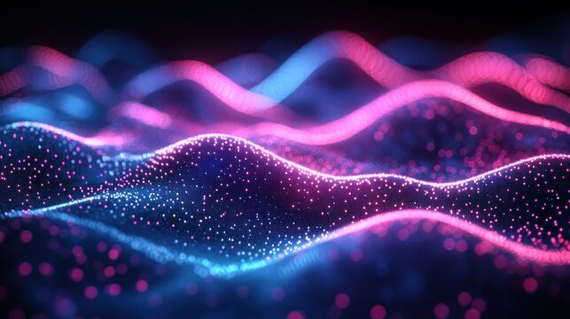 Glowing digital waveforms composed of pink and blue particles creating a futuristic abstract landscape with smooth flowing curves and a sense of depth