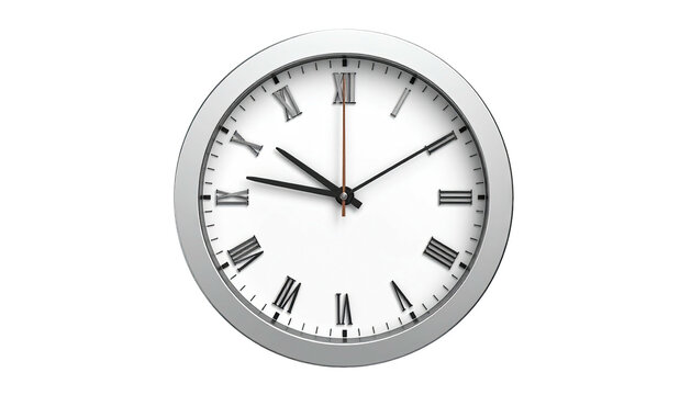 Silver-rimmed clock with Roman numerals on white face, hands indicating time