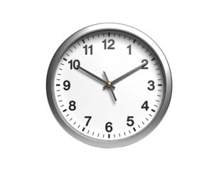 Silver-rimmed wall clock with black numerals and hands on white face, black bg