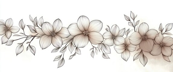 Delicate monochrome floral arrangement with intricately detailed flowers and leaves in soft brown outline on white background conveying elegance and calmness