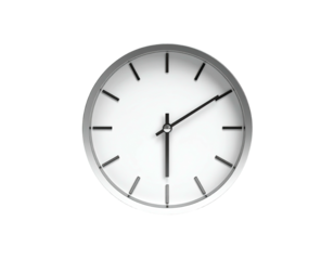 A round, analog clock with a white face, hands showing the time against black