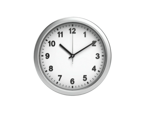 A silver-rimmed wall clock with a white face, hands pointing to 1010