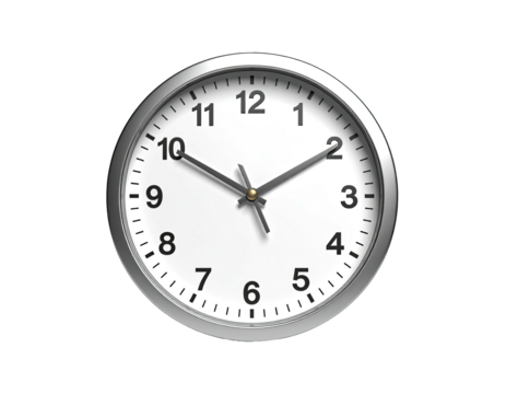 Silver-rimmed wall clock with black numerals and hands on white face, black bg