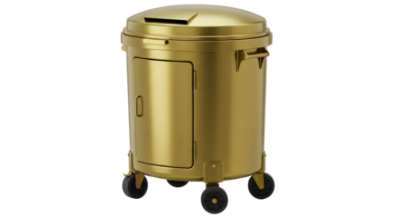 Gold metal trash bin with four wheels and side handle isolated on white background, perfect for sanitation or waste management visuals