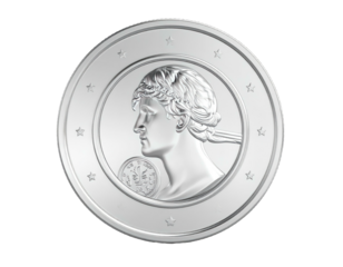 Silver coin with a classical bust profile, stars, and a small circular design