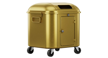 Gold metallic medical sharps container on wheels for safe disposal of needles and biohazard waste, ideal for healthcare settings