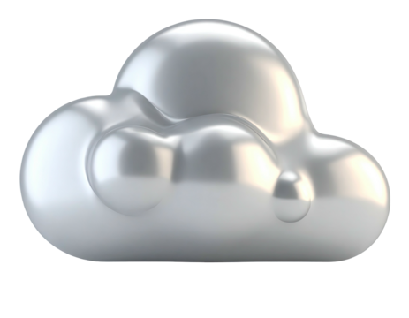 A shiny, 3D metallic cloud icon, rendered against a deep black background