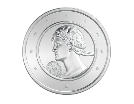 Silver coin with a classical bust profile, stars, and a small circular design