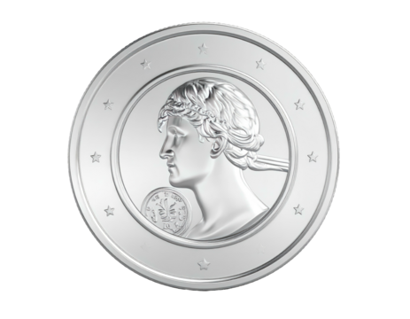 Silver coin with a classical bust profile, stars, and a small circular design