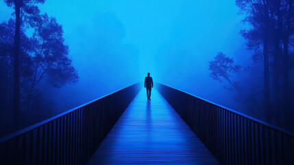 Obraz premium Man walking on bridge in foggy blue landscape, creating mysterious and serene atmosphere