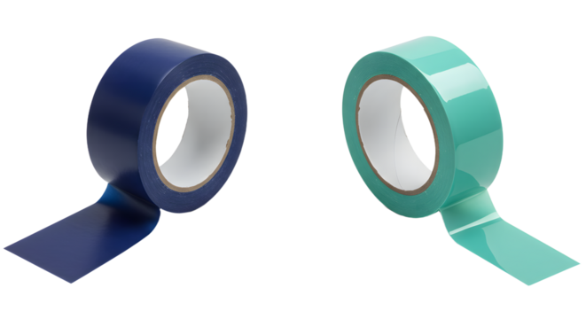 Two rolls of colored adhesive tape, one navy blue and one turquoise, isolated on white background, perfect for office and craft projects