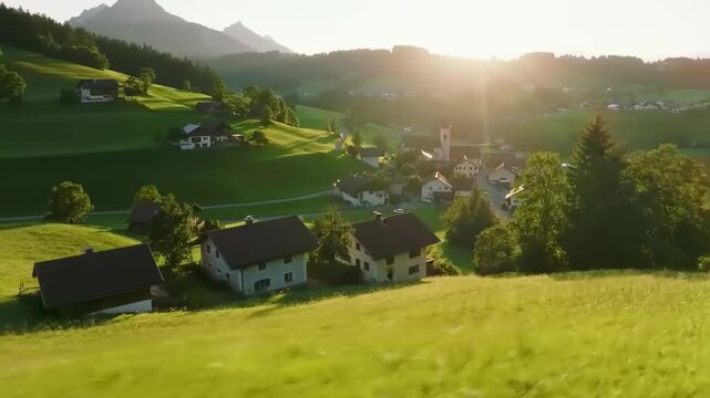 Rural landscape featuring green hills and a village with mountains and bright sunlight in the distance - Powered by Adobe