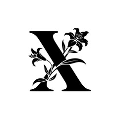 Floral Letter X Monogram with Elegant Lily Embellishments  , Stylized black letter X adorned with two blooming lilies, creating a refined and artistic floral design perfect for monograms, wedding 
