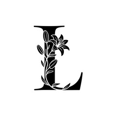 Floral Letter L Monogram with Elegant Flower Design, Decorative black letter L adorned with detailed floral elements, perfect for wedding themes, luxury branding, or feminine design projects.

