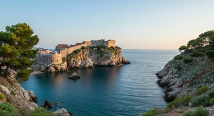 Coastal fortress and surrounding water under clear sky daytime scene picturesque architecture