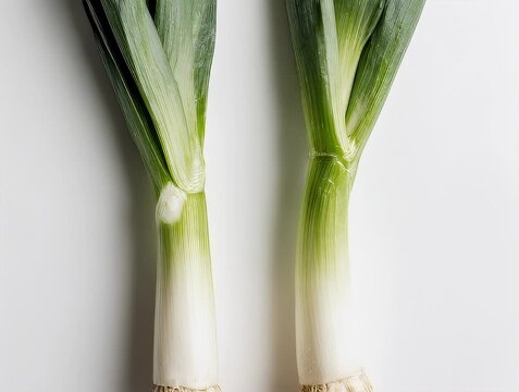 Pair of leeks on white surface