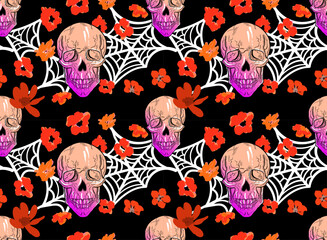 Halloween seamless pattern with skulls and flowers in neon colors. Beautiful hand drawn gothic fashion print.