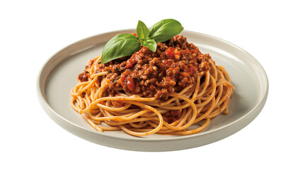 Hearty spaghetti bolognese topped with fresh basil, a comforting meal