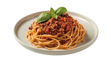 Hearty spaghetti bolognese topped with fresh basil, a comforting meal