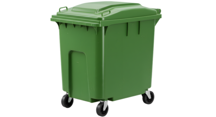 Green outdoor garbage dumpster on wheels isolated on white background, perfect for waste management and recycling purposes
