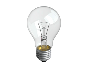 A glowing lightbulb, transparent glass, metallic base, isolated against black background