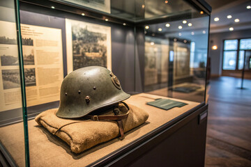 Close-up of a mid-century war helmet with insignia, preserved for viewing in a dedicated history museum display.