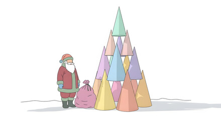 Whimsical illustration of santa claus standing next to a colorful tower of pastel christmas trees isolated on white background