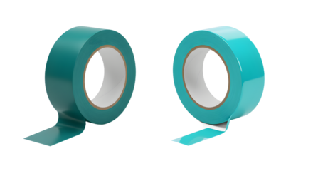 Two rolls of teal adhesive tape with loose ends isolated on white background, useful for packaging and crafts