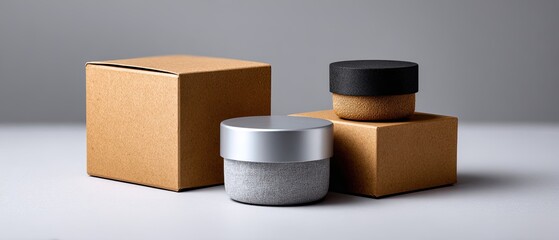 packaging branding protective concept. Three stylish containers with metallic lids, set against a smooth background.