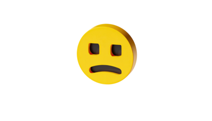 3D yellow sad face with dark eyes and curved down mouth, on black background