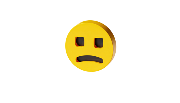 3D yellow sad face with dark eyes and curved down mouth, on black background