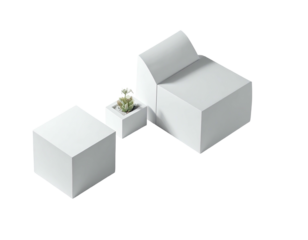 Isometric view of stark white geometric furniture with a plant