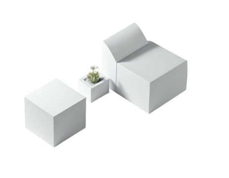 Isometric view of stark white geometric furniture with a plant
