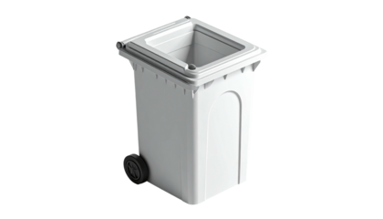 Isometric view of a white rectangular trash container with wheels
