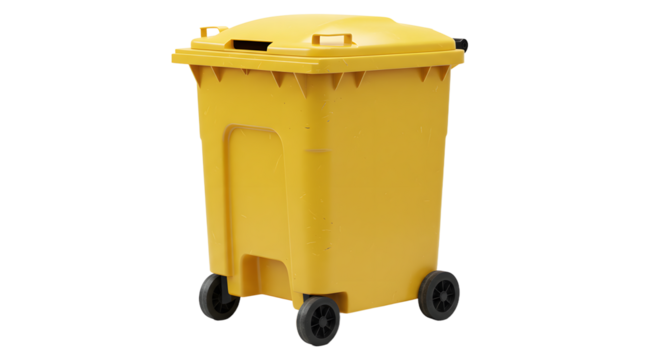 Yellow plastic waste bin with wheels isolated on white background for recycling and garbage collection